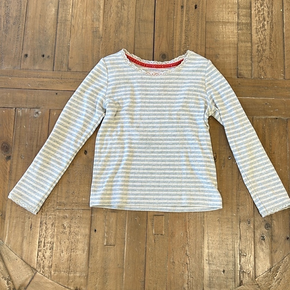 Mini Boden gray metallic stripe pointelle long sleeve tee